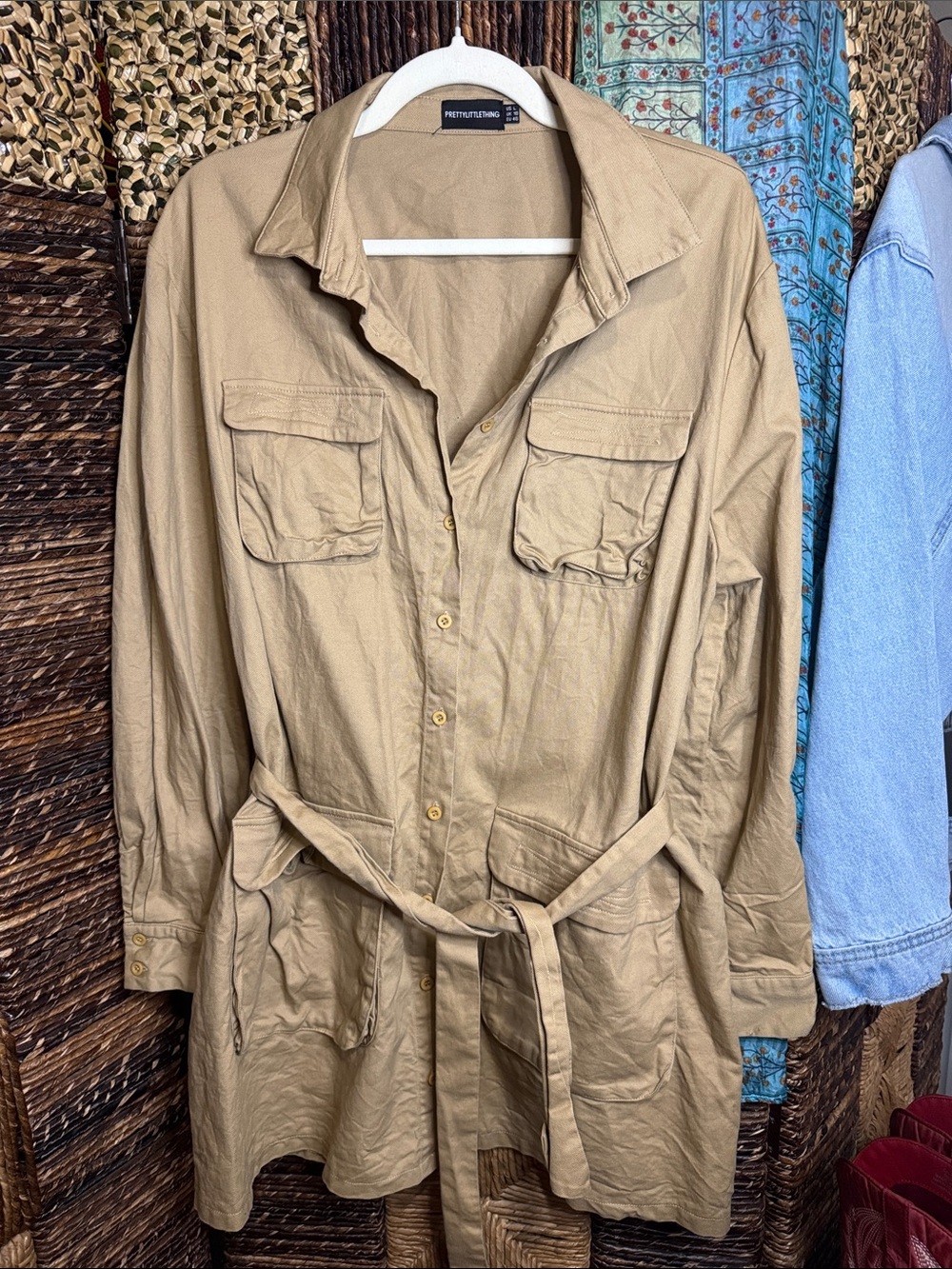 PrettyLittleThing Khaki Utility Shirt Jacket with Belt